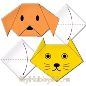 Простые оригами для малышей: собака и кошка