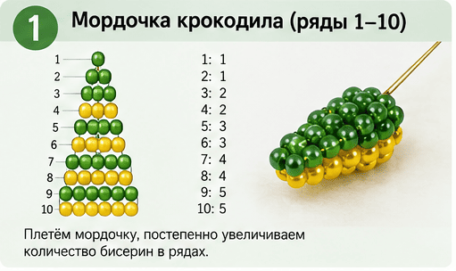 схема объемного крокодила из бисера